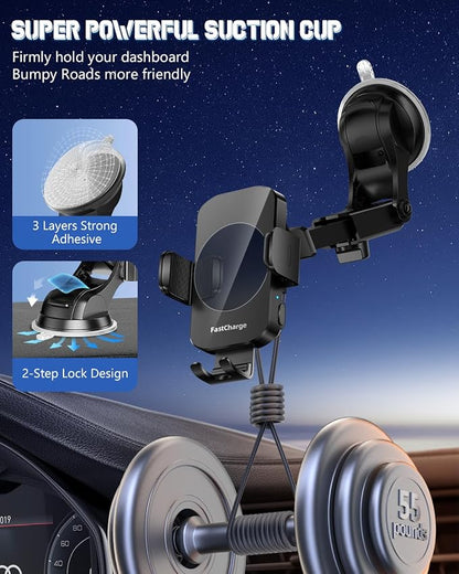 3-in-1 Wireless Car Charger Mount, 15W Fast Charging Auto-Clamping Phone Holder for iPhone 17 16 15 14, Samsung Galaxy S24 S23, Dashboard, Vent & Windshield Car Mount(Black)