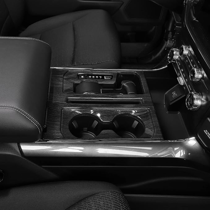 Jimen Compatible with Ford F150 2021-2025, Center Console Gear Shift Panel Trim Cover (Black Wood Grain)