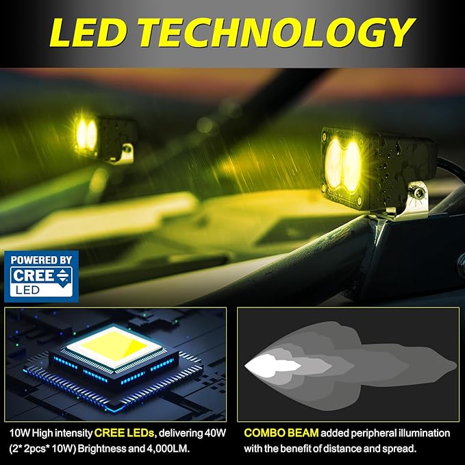 Yellow LED Pods, AKD Part 3 Inch CREE LED Ditch Lights 40W Spot Flood Combo LED Fog Lights Small Yellow Chase Light Bar Pods 2 Pack for Truck Motorcycle Dirt Bike SUV UTV ATV Surron Toyota