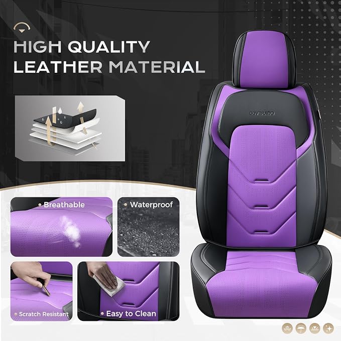Coverado Car Seat Covers Full Set, Luxury Leather Seat Covers for Front and Back Seat, Black&Purple Seat Cover for Car, Waterproof Car Seat Protector, Car Seat Cushion Universal Fit for Most Cars