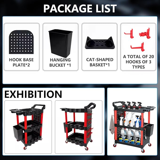 Auto Detailing Cart with Wheels, 3 Tier Rolling Detail Cart with Long Hanging Plate & Hooks & Hanging Bucket & Cat Ear Basket, for Detailers Garage, Workshop, Repair Shop, Storage Tool