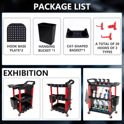 Auto Detailing Cart with Wheels, 3 Tier Rolling Detail Cart with Long Hanging Plate & Hooks & Hanging Bucket & Cat Ear Basket, for Detailers Garage, Workshop, Repair Shop, Storage Tool