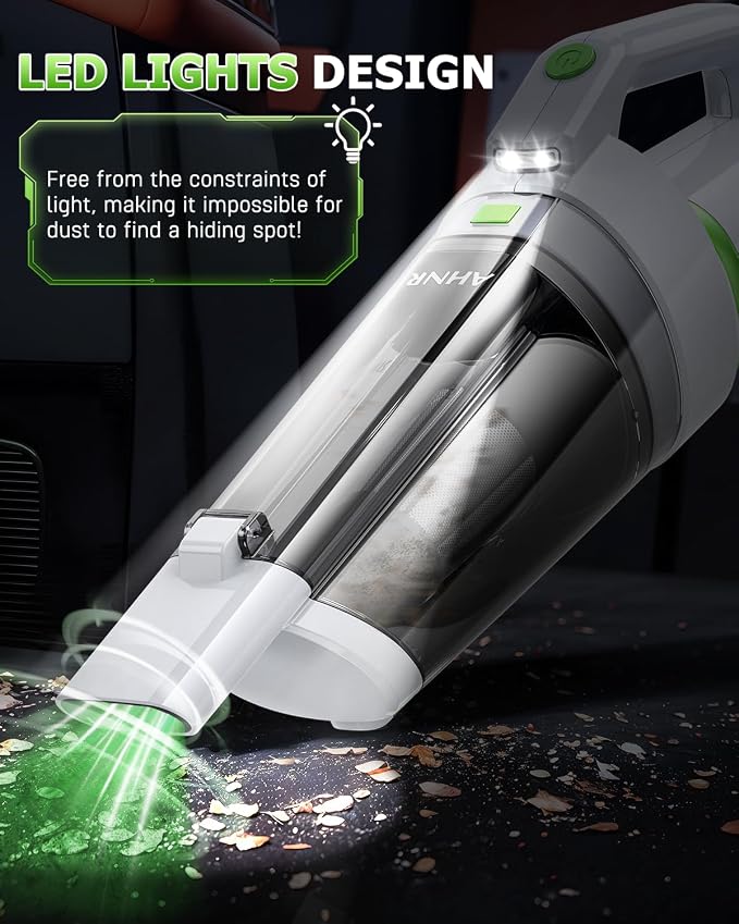 AHNR Handheld Vacuum Cordless, 16000PA Powerful Suction Hand Held Vacuum Cordless Rechargeable with LED Light & 2 HEPA Filters, Portable Car Vacuum Cleaner High Power for Car Home Office
