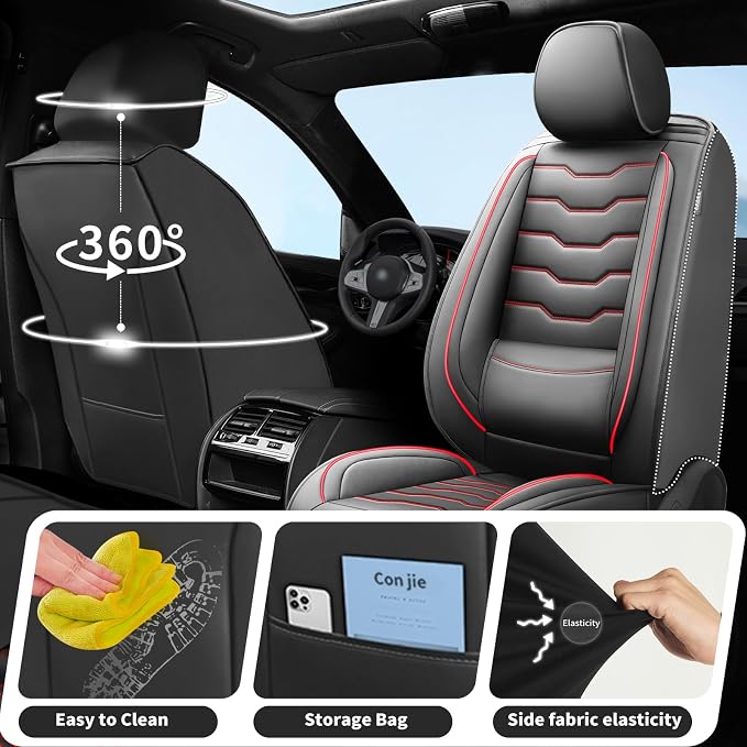 Fit Patriot Car Seat Covers for Jeep Patriot 5 Seats 2007-2016 2017 -Premium Leather, Waterproof & Breathable，All-Weather Seat Cushion Protecto & Airbag Compatible, 2 Front Seat Red Line&Black