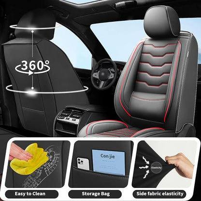 Fit Patriot Car Seat Covers for Jeep Patriot 5 Seats 2007-2016 2017 -Premium Leather, Waterproof & Breathable，All-Weather Seat Cushion Protecto & Airbag Compatible, 2 Front Seat Red Line&Black