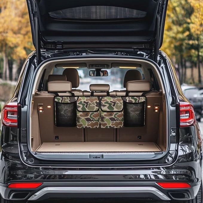 Duck Hunter Camo Hanging Car Organizer Large Capacity Backseat Hanging Storage Accessories Collapsible Cargo Storage Bag with 4 Pockets Universal Fit for Cars SUV Sedans