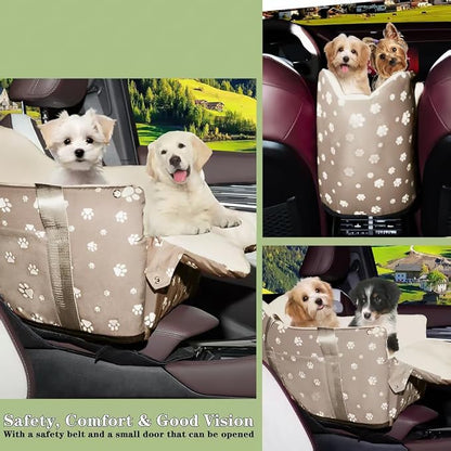 Dog Car Seat for Console - Memory Foam Pet Booster Seat for Small Medium Dogs Up to 21 lbs - SUV Truck Center Console Dog Seat with Safety Leash & Storage Pockets - Washable Cover (Large Khaki)