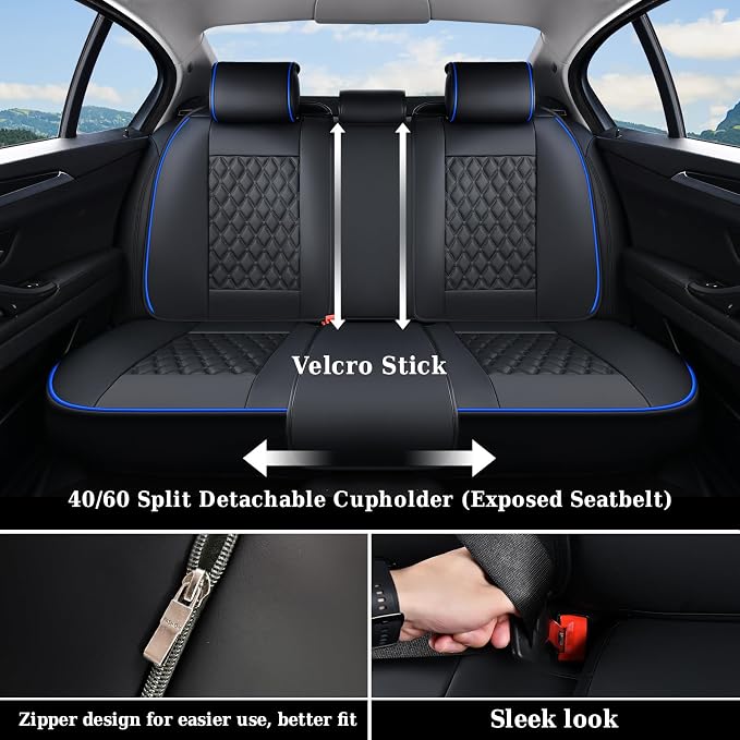 Coverado Full Set Car Seat Covers, Front & Back Luxury Faux Leather Waterproof Seat Covers,Car Seat Protectors, Universal Fit for Most Vehicles-Black & Blue