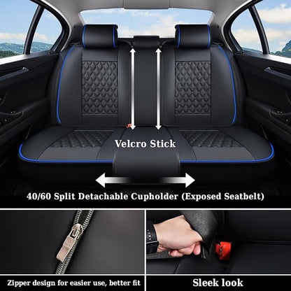 Coverado Full Set Car Seat Covers, Front & Back Luxury Faux Leather Waterproof Seat Covers,Car Seat Protectors, Universal Fit for Most Vehicles-Black & Blue