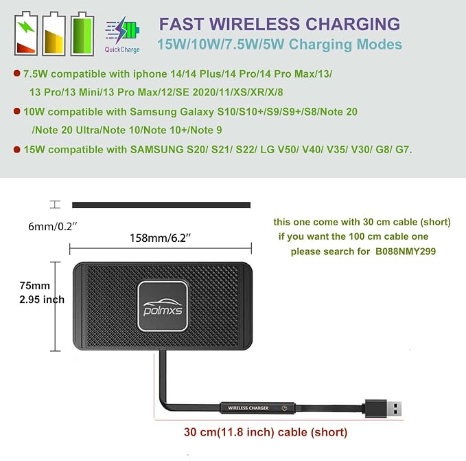 Wireless Charger Car Charging pad,POLMXS 15W Fast Wireless Phone Charger Non Slip Cell Phone Flat Charging mat Compatible with iPhone 11/12/12/14/15 Galaxy S21/S22/S23/24 NOTE10 (30cm Cable)(C2Y)