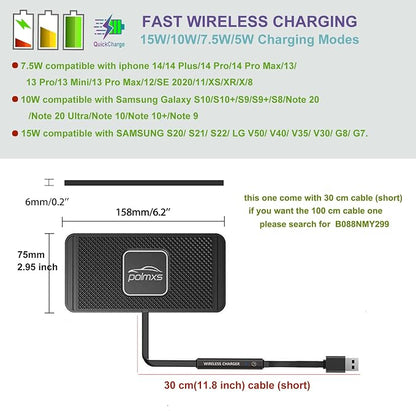 Wireless Charger Car Charging pad,POLMXS 15W Fast Wireless Phone Charger Non Slip Cell Phone Flat Charging mat Compatible with iPhone 11/12/12/14/15 Galaxy S21/S22/S23/24 NOTE10 (30cm Cable)(C2Y)