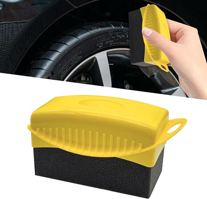 Tire Dressing Applicator, Tire Shine Applicator, Wheel Waxing Wipe Polishing Sponge with Lid, Car Accessories Reusable Wheel Detailing Foam Fit for Vehicle Waxing Polishing Cleaning (Yellow)