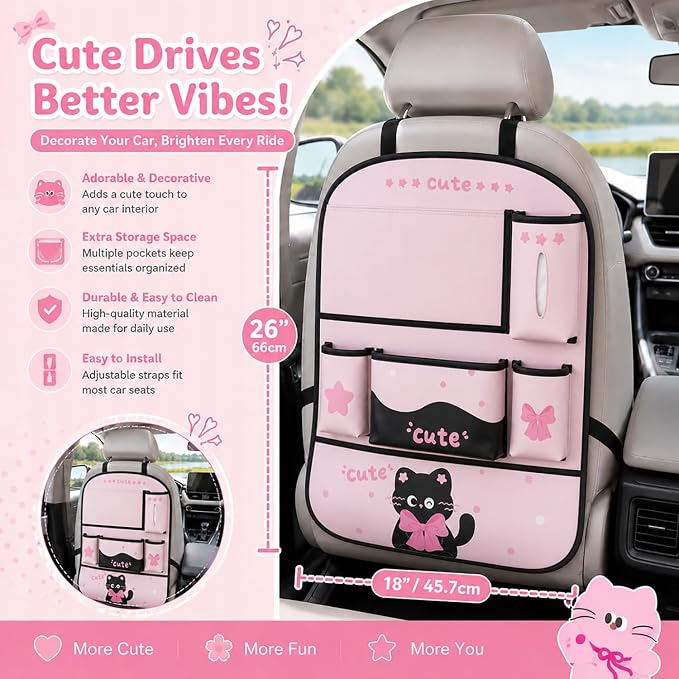YUNZLAN Pink Black Backseat Car Organizer, Leather Kick Mats Back Seat Protector Organizer with Touch Screen Tablet Holder for Kids Travel Accessories