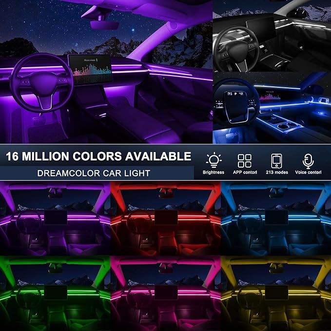 Acrylic Interior Car LED Strip Light with Wireless APP, RGB 22 in 1 with 175 inches 593 LEDs Fiber Optic Ambient Lighting Kits, 16 Million Colors Sound Active Function Car Neon Lights