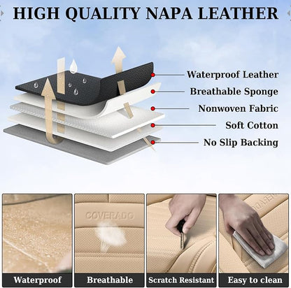 Car Seat Covers Full Set, Beige Seat Covers for Cars, Automotive Seat Covers, Waterproof Nappa Leather Front Seats and Back Car Seat Protector, Universal Fit for Most Cars SUV Trucks