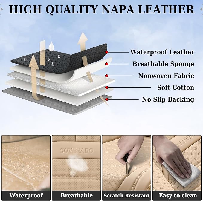 Coverado Seat Covers, Car Seat Covers Front Seats, Automotive Seat Covers, Waterproof Nappa Leather Car Seat Cover, Car Seat Cushion, Beige Seat Covers Carseat Cover Universal Fit for Most Cars