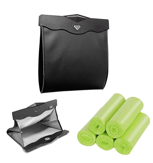 Smart LED Car Trash Can, Bisposable Trash Bags 4Gallon, 150Counts Waterproof Leather Storage Pocket Portable Garbage Bag for Car Bathroom Home Bedroom Office Garbage Can