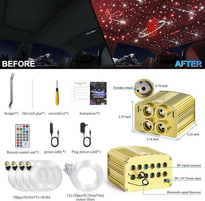 Car Starlight Headliner Kit, 4 Colors 32W Twinkle & Meteor Fiber Optic Shooting Stars Lights, 2 in 1 Light Engine 700pcs*0.03in*13.1ft+240 RGBW 4 Port Ceiling Starlights for Car Home Roof Décor