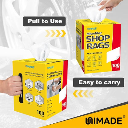 UNIMADE Shop Rags, 100 Sheets Microfiber Cleaning Cloth Commercial Grade Washcloths Lint-Free Bulk Shops Towels for Cars Mechanic Restaurant Garage Housekeeping, 11"x 9", White