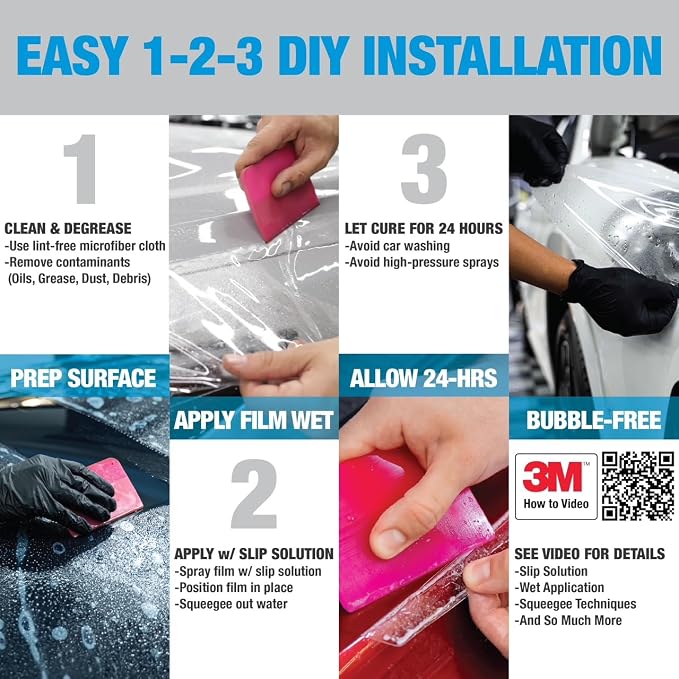 3M Clear Paint Protection Film, 8 mil PPF Vinyl Wrap with Self-Healing Technology, UV Protection, Non-Yellowing, Scratch Resistant, Glossy Finish (12 x 48in)