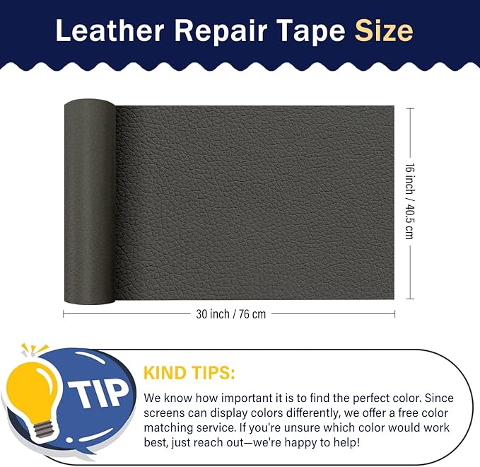 Zenyao Leather Repair Patch Tape - Self Adhesive Leather Repair Kit for Car Seat Furniture, Heavy Duty Vinyl Repair Patch for Couch Sofa, Waterproof Fix for Tears, 12x30 Inch Roll, Dark Grey