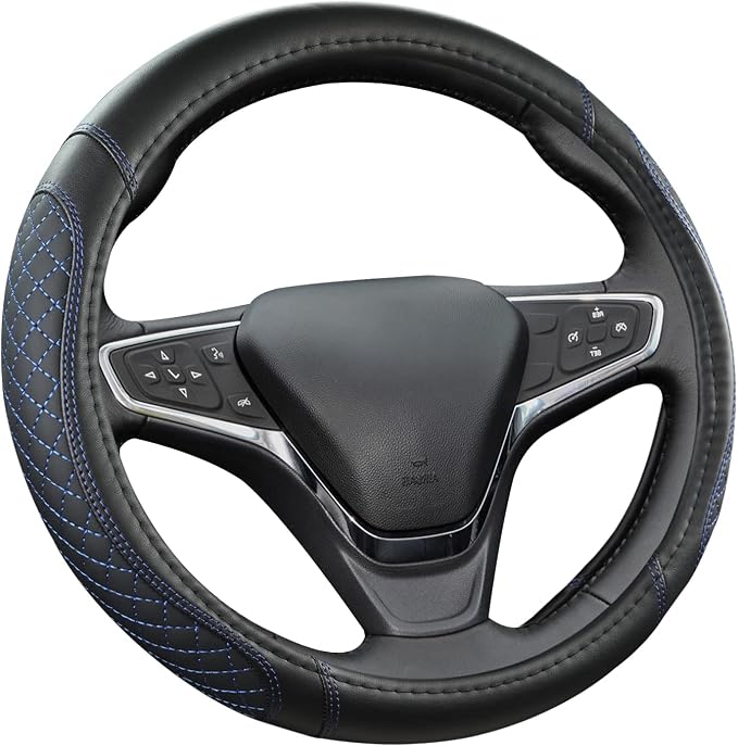 West Llama Customized Auto Car Steering Wheel Cover for Chevy Silverado,Tahoe,Equinox,Traverse,Trailblazer,Colorado (Diamond Quilted-Black+Blue-Standard Size)