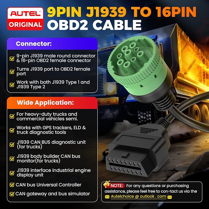 Autel Original Green Type 2 J1939 Male to 16pin Female OBD2 Adapter Cable, for Heavy Duty Trucks Scanner and Commercial Vehicles with 9pin Diagnostic Connector