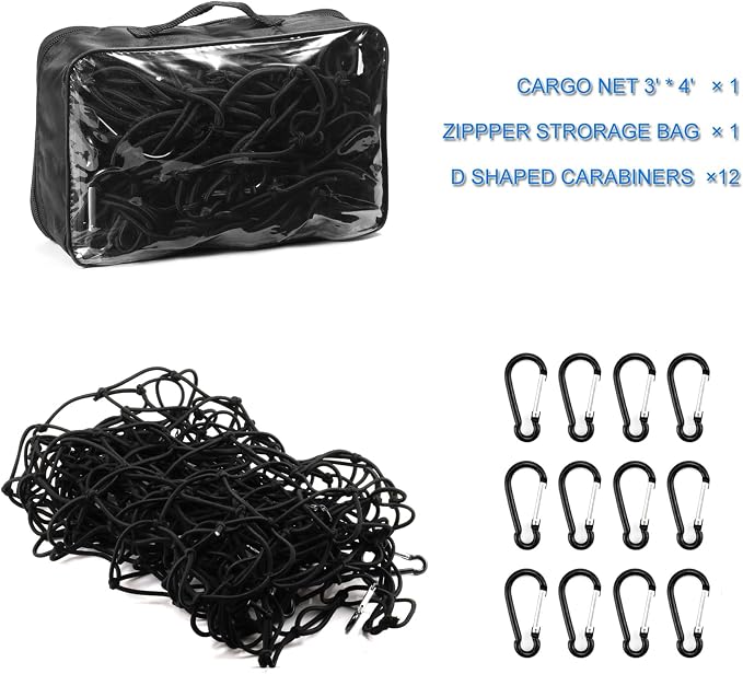 Amiss 4' x 6' Stretches to 8' x 12' Truck Cargo Net, Roof Rack Cargo Net for Pickup Trucks SUV, Heavy Duty Truck Bed Cargo Bungee Net with 12 Black Clips and Storage Bag, Car Exterior Accessories