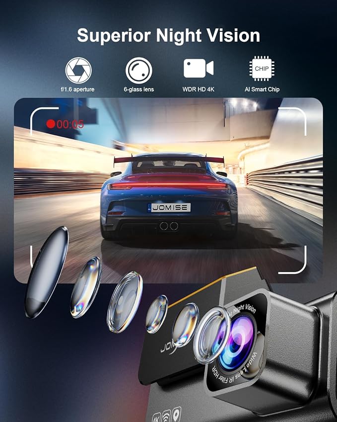 JOMISE 4K Dash Cam Front and Rear, 3.16” IPS Touch Screen, 64GB Card Included, Dual Dash Camera for Cars, Built-in GPS Wi-Fi, UHD 2160P Night Vision, WDR, 24H Parking Monitor (J6)