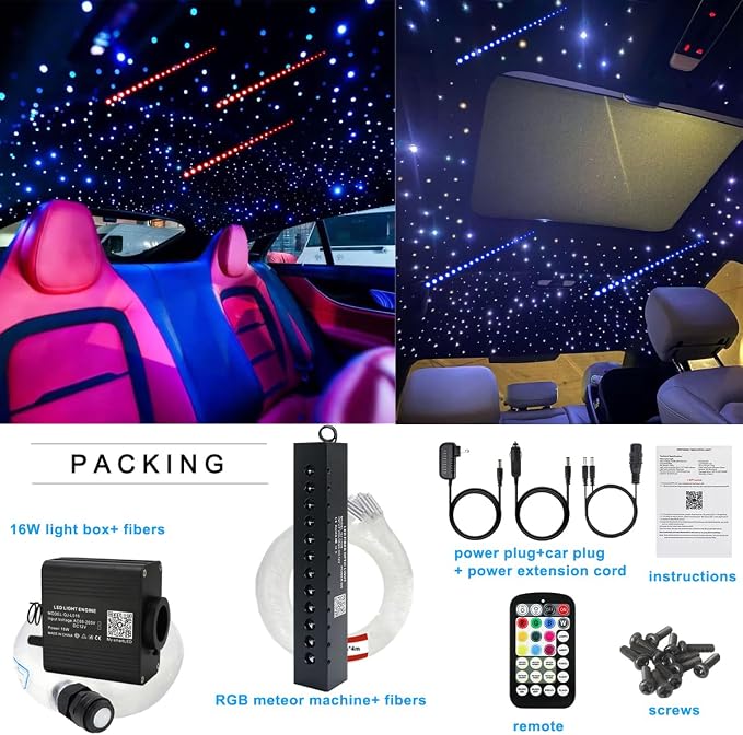 AZIMOM 16W Twinkle & Sound Activate 600pcs*0.03in*13.1ft Fiber Optic Starlight Headliner Kits+RGB Meteor Shooting Star,APP& Remote Control Light Engine End Glow Fiber Strands Home Car Ceiling Décor