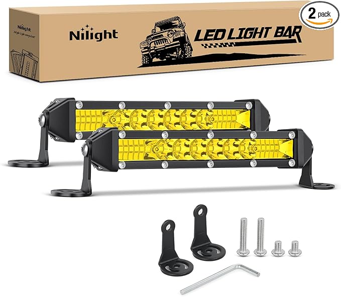 Nilight Slim LED Light Bar 2Pcs 7 Inch 16LED Single Row Spot Flood Combo Yellow Off Road Work Driving Fog Lighting for 12V 24V ATV UTV Pickup Truck Tractor Boat