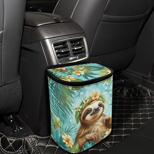 Talayituse Sloth Leaf Print Car Trash Can Portable Auto Garbage Bin Multifunctional Vehicle Interior Accessories with Adjustable Straps Universal Fit Truck SUV Sedan