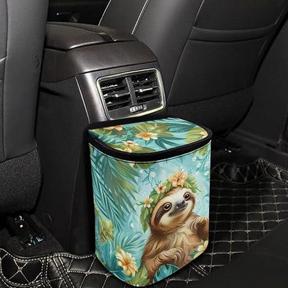 Talayituse Sloth Leaf Print Car Trash Can Portable Auto Garbage Bin Multifunctional Vehicle Interior Accessories with Adjustable Straps Universal Fit Truck SUV Sedan