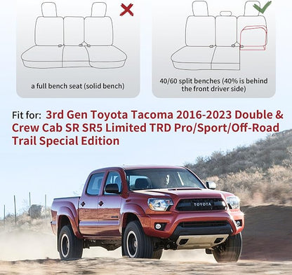 Huidasource Tacoma Rear Seat Covers, Automotive Leather Car Back Seat Cover Fit for 3rd Gen Toyota Tacoma 2016-2023 Double & Crew Cab SR SR5 Limited TRD Sport/Pro/Off Road (Back Row/Black&Blue)