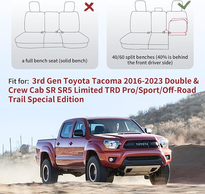 Huidasource Tacoma Back Row Seat Covers, Split Rear Bench Leather Seat Cover Fit for 3rd Gen Toyota Tacoma 2016-2023 Double & Crew Cab SR SR5 Limited TRD Sport/Pro/Off Road (Back Row/Black&Red)