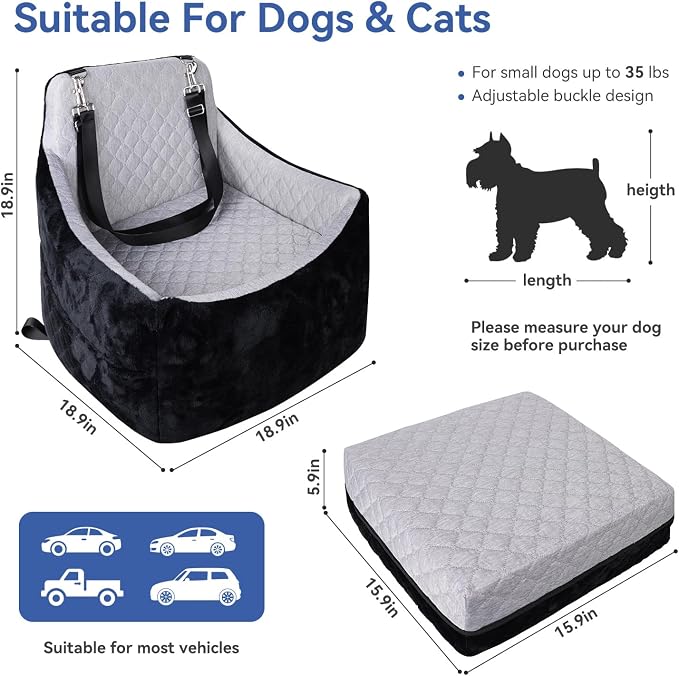 Dog Car Seat for Small/Medium Dogs Under 30lbs, Double-Sided Cooling & Warm Booster Seat, Detachable & Washable Elevated Pet Bed with Pockets, Anti-Slip Base for Front & Back Seats with Safety Leash