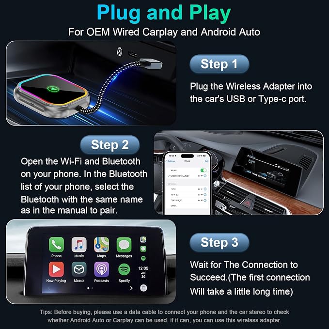 Wireless CarPlay Adapter 2-in-1 for iPhone & Android Auto, Converts Wired to Wireless CarPlay, Compatible with 800+ Car Models (2016+), iPhone iOS 10+ & Android Devices