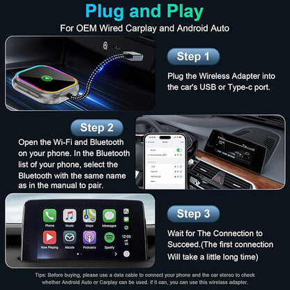 Wireless CarPlay Adapter 2-in-1 for iPhone & Android Auto, Converts Wired to Wireless CarPlay, Compatible with 800+ Car Models (2016+), iPhone iOS 10+ & Android Devices