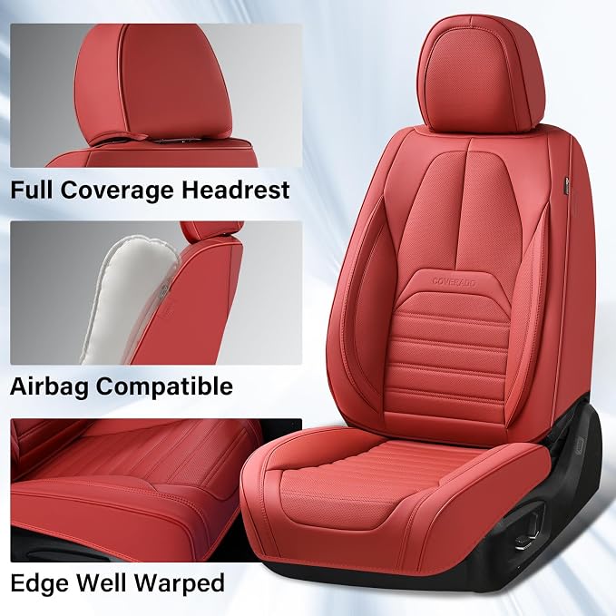 Coverado Car Seat Covers Full Set, Red Seat Covers for Cars, Automotive Seat Covers, Waterproof Nappa Leather Front Seats and Back Car Seat Protector, Universal Fit for Most Cars SUV Trucks