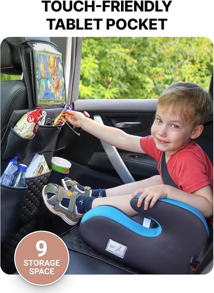 Owleys 2-in-1 Car Interior Set - Brown Eco Leather Seat Protector with Kick Guard + Kids Back Organizer with Tablet Pocket - Family Travel Gift