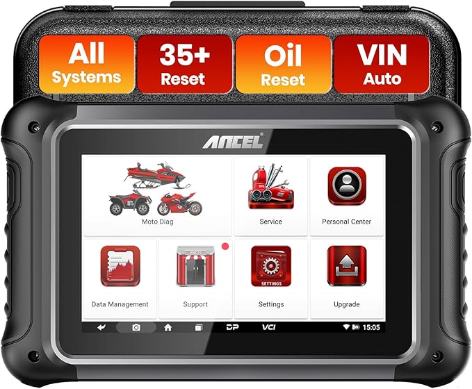 ANCEL MT700 Motorcycle OBD2 Scanner Full Systems, ABS Engine Meter TPMS Diagnostic Tool with 35+ Reset Functions for Harley Indian Yamaha Polaris Piaggio Ducati Honda BMW, AutoVIN, 7”Touch Screen,16G