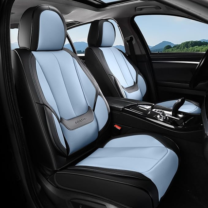 Coverado Seat Covers, Car Seat Covers Front Seats, Leather Seat Covers for Cars, Car Seat Protector Waterproof, Black Car Seat Cushion, Front Carseat Cover Universal Fit for Most Cars Lightblue