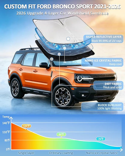for Ford Bronco Sport 2021-2025 2026 Sunshade Sun Shade Windshield Cover - 4 Layers Front Window Shade for Bronco Sport -250T Retractable Custom Fit Sun Visor Blocks UV Rays Car Accessories