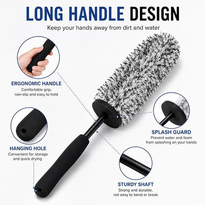 Long Handle Wheel Barrel Brush, Soft Microfiber Wheel Cleaner Brush, Non-Scratch Car Detailing Tool for Rim Cleaning and Tire Detailing (Black)