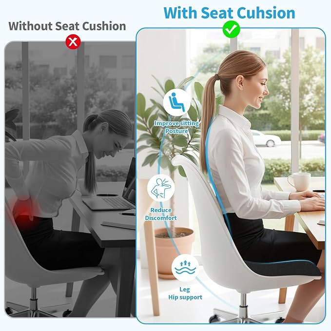 TranquilRelax 2XL Seat Cushion, Memory Foam Cushion for Long Sitting Hours on Office Chair, Car Seat, Non-Slip Chair Pad for Sciatica, Coccyx, Tailbone Pain Relief & Post-Surgery Recovery (Black)