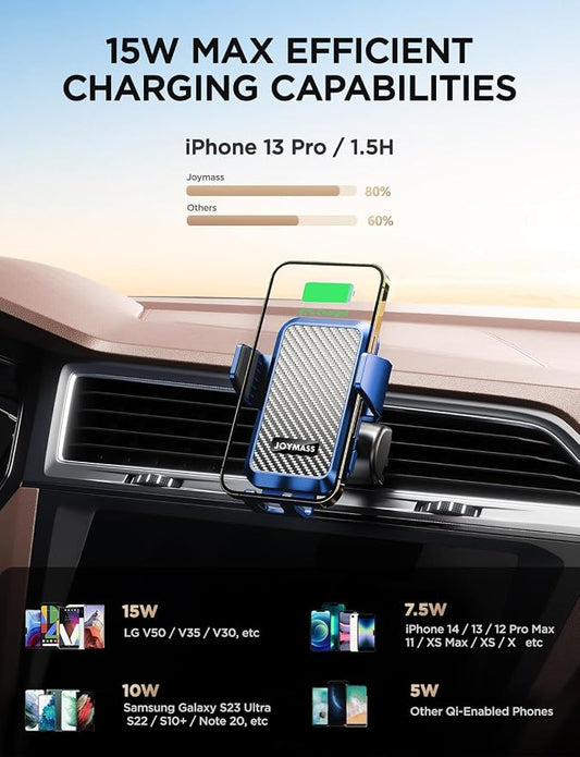 Wireless Car Charger, JOYMASS 15W Fast Charging Auto Clamping Car Charger Cell Phone Holder Mount Vent for iPhone 15 14 13 12 Mini Pro Max, Samsung Galaxy S24 Ultra S23 S22 S21+ Note 20, etc - Blue
