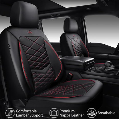 CAR PASS Luxury Nappa Leather Seat Covers Full Set, Water Resistant Faux Leather Seat Cover with Lumbar Support, Breathable Automotive Seat Covers Universal Fit for Sedan SUV Van Truck, Black Red