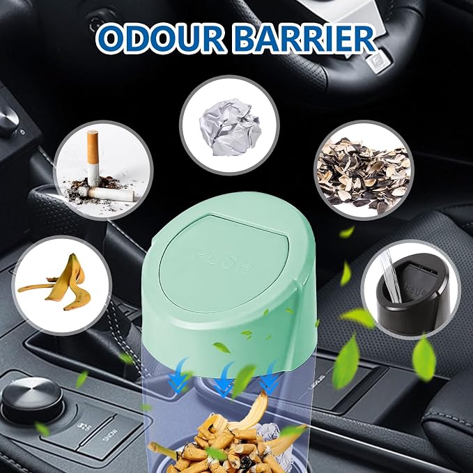 Hovom Mini Car Trash Can with Lid, Portable Garbage Can for Car, Leakproof Cup Holder Automotive Garbage Bin with 2 Rolls of Trash Bags, Small Trash Storage Can for Car Home Office(Light Green)
