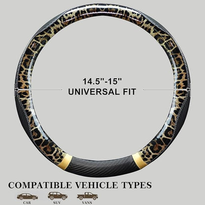 KAFEEK Khaki Leopard Steering Wheel Cover, 15 inch Carbon Fiber Texture, Classic Tan Cheetah Pattern, Non-Slip Microfiber Leather, Universal Fit for SUV Sedan