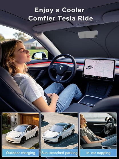 [2026 Upgraded] FOURDOPLI Graphene Dual-Layer Car Windshield Sun Shade for 2016-2026 Tesla Model S, Foldable car Window Shades with Includes Storage Bag, Block UV Rays Keep Car Cool